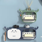 Cute Antler Soap Dish, No-Drill Wall-Mounted Soap Holder with Lid, Drainage Design, Double Compartment - Blue