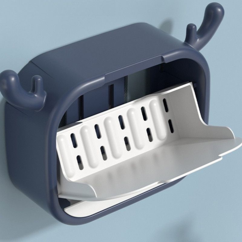 Cute Antler Soap Dish, No-Drill Wall-Mounted Soap Holder with Lid, Drainage Design, Double Compartment - Blue