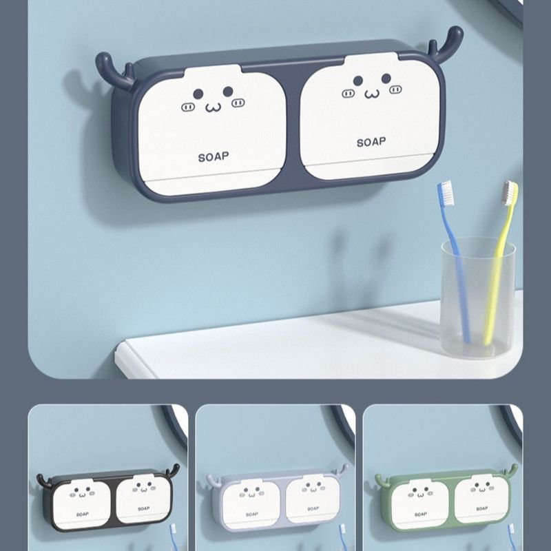 Cute Antler Soap Dish, No-Drill Wall-Mounted Soap Holder with Lid, Drainage Design, Double Compartment - Blue