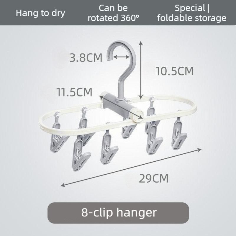 Folding Clothes Hanger with 8 Clips, Detachable Sock Drying Rack, Hanger for Home, Dorm, and Balcony - Gray
