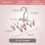 Folding Clothes Hanger with 8 Clips, Detachable Sock Drying Rack, Hanger for Home, Dorm, and Balcony—Pink