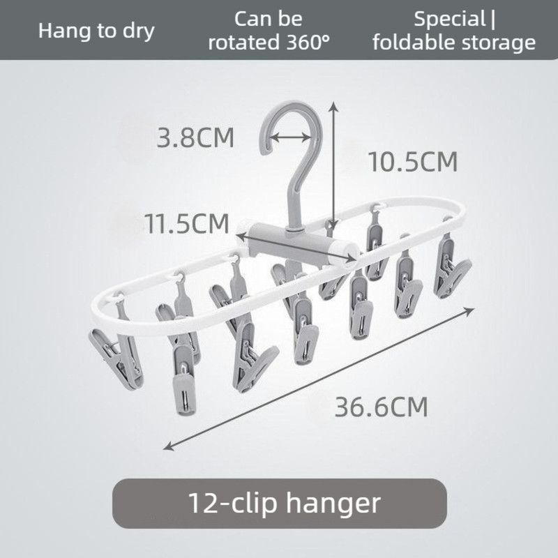 Folding Clothes Hanger with 12 Clips, Foldable Multi-clip Hanger, Underwear and Socks Drying Rack—Gray