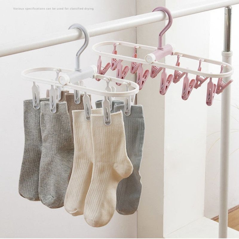 Folding Clothes Hanger with 12 Clips, Foldable Multi-clip Hanger, Underwear and Socks Drying Rack—Gray