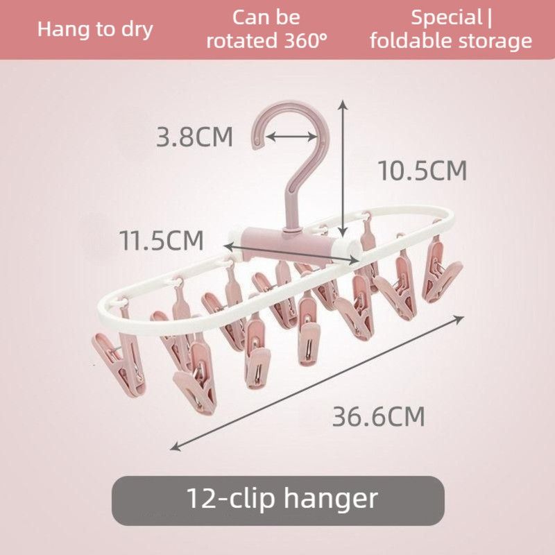 Folding Clothes Hanger with 12 Clips, Foldable Multi-clip Hanger, Underwear and Socks Drying Rack—Pink