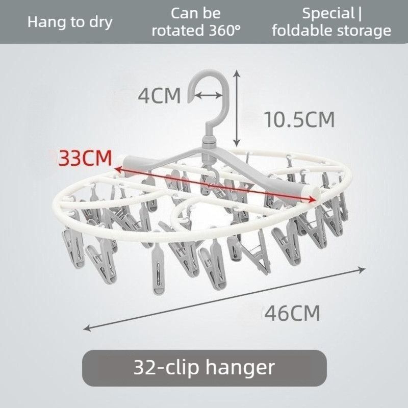 Folding Clothes Hanger with 32 Clips, Foldable Multi-clip Hanger, Underwear and Socks Drying Rack—Gray