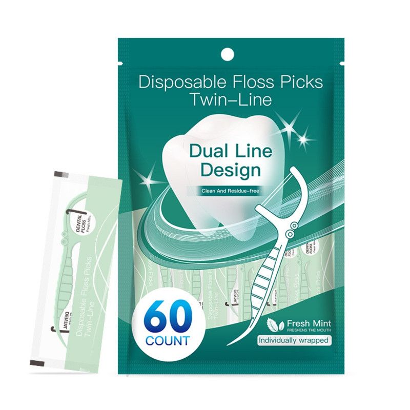 Disposable Twin-Line Dental Floss Picks, Individually Wrapped Floss Sticks—Green