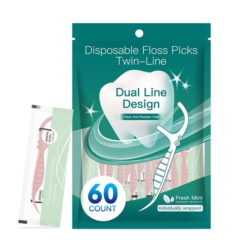 Disposable Twin-Line Dental Floss Picks, Individually Wrapped Floss Sticks—Pink