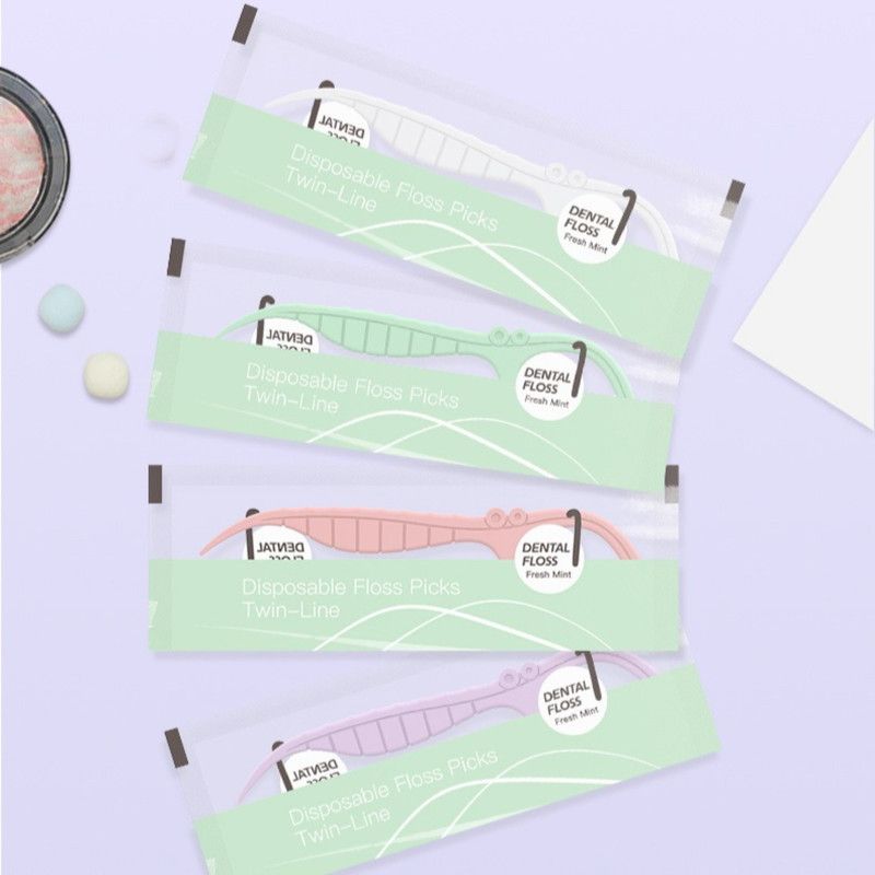 Disposable Twin-Line Dental Floss Picks, Individually Wrapped Floss Sticks—Pink