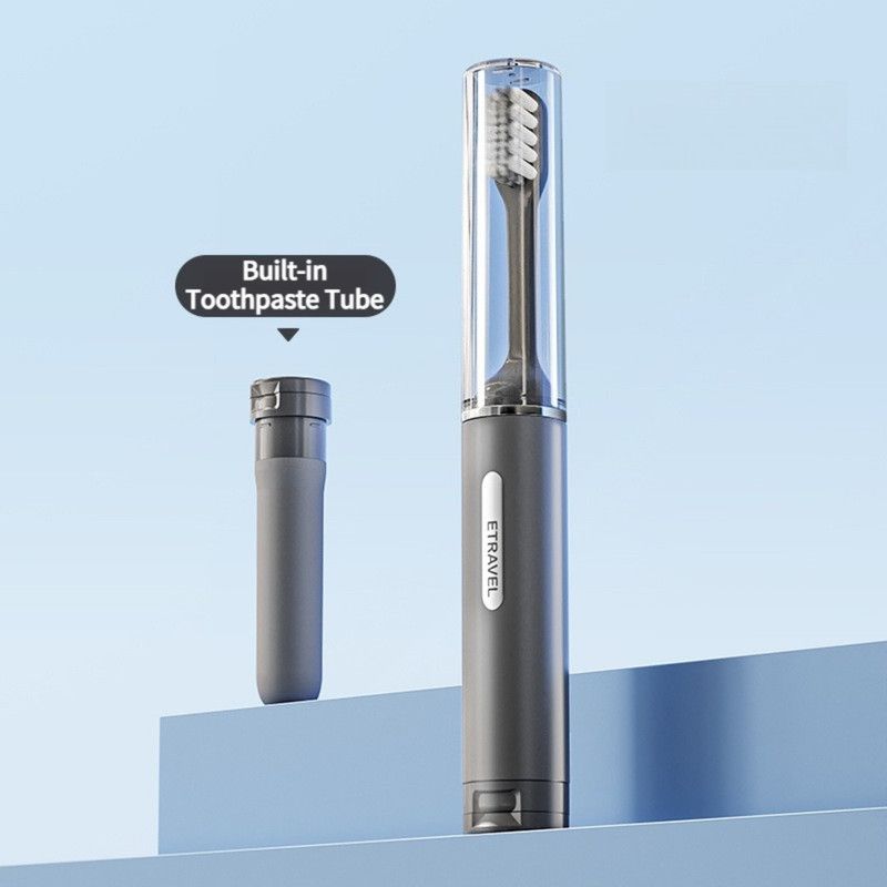 Travel Integrated Toothbrush, 2-in-1 Portable Soft Toothbrush with Built-in Toothpaste Dispenser—Gray