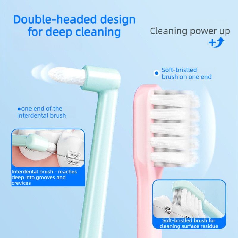Portable 2-in-1 Orthodontic Toothbrush, Soft-Bristle Interdental Brush for Travel—Gray