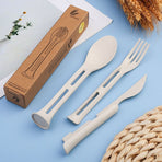 Wheat Straw 3-in-1 Portable Tableware Set, Knife, Fork, and Spoon, Nordic Style, Student Gift Cutlery—Beige