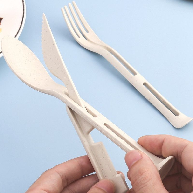 Wheat Straw 3-in-1 Portable Tableware Set, Knife, Fork, and Spoon, Nordic Style, Student Gift Cutlery—Beige