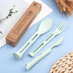 Wheat Straw 3-in-1 Portable Tableware Set, Knife, Fork, and Spoon, Nordic Style, Student Gift Cutlery—Green