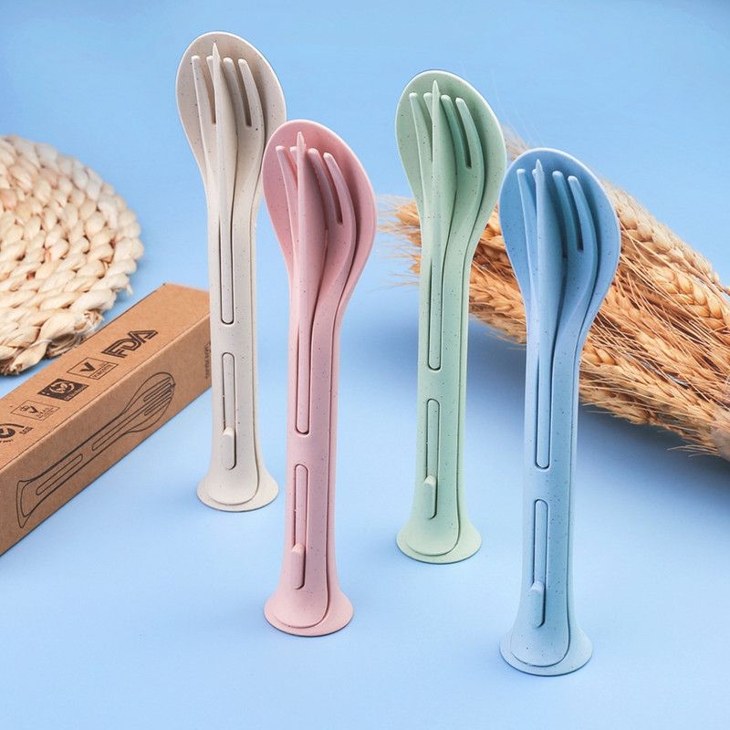 Wheat Straw 3-in-1 Portable Tableware Set, Knife, Fork, and Spoon, Nordic Style, Student Gift Cutlery—Pink