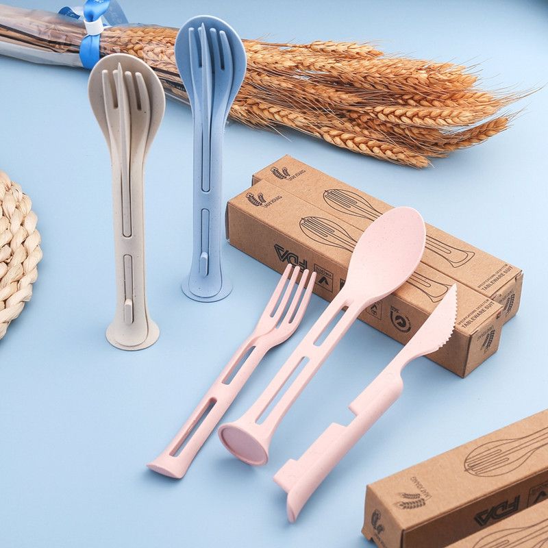 Wheat Straw 3-in-1 Portable Tableware Set, Knife, Fork, and Spoon, Nordic Style, Student Gift Cutlery—Pink
