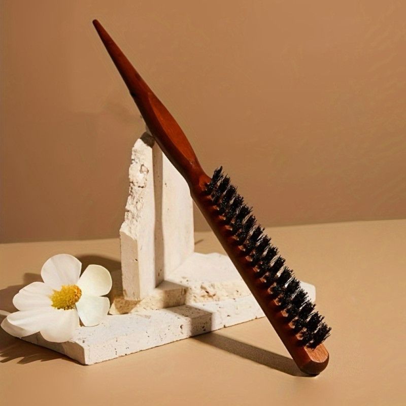 Wooden Tail Comb with Boar Bristle, 3 Rows Styling Brush for Updo & Curly Hair