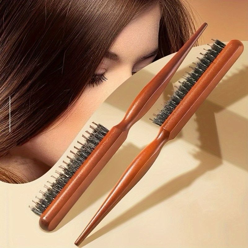 Wooden Tail Comb with Boar Bristle, 3 Rows Styling Brush for Updo & Curly Hair