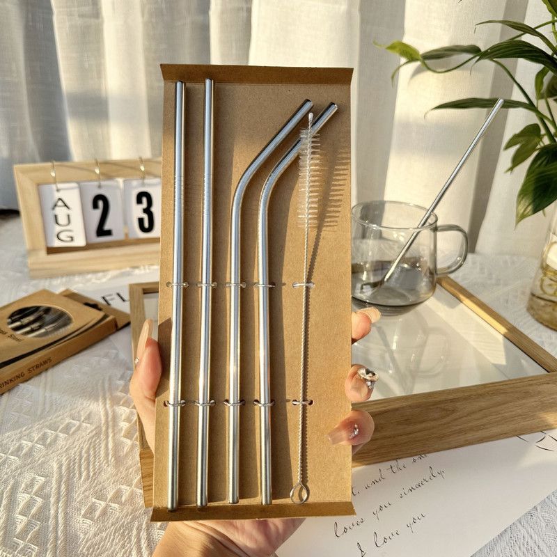 Food-Grade 304 Stainless Steel Drinking Straw Set—2 Straight Straws + 2 Curved Straws