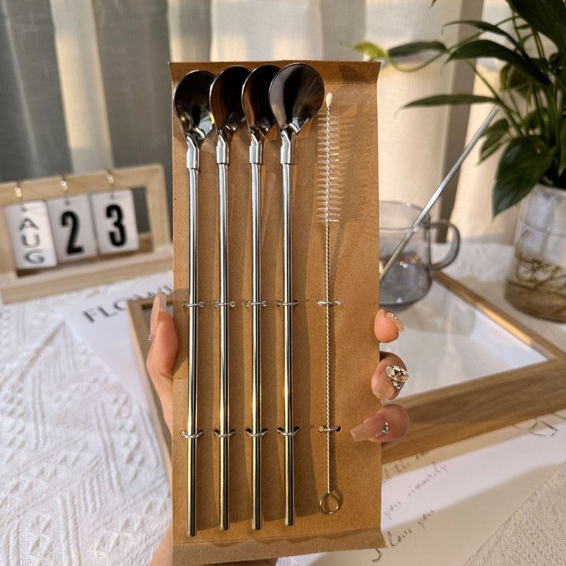 Food-Grade 304 Stainless Steel Drinking Straw Set—4 Petal-Shaped Straws