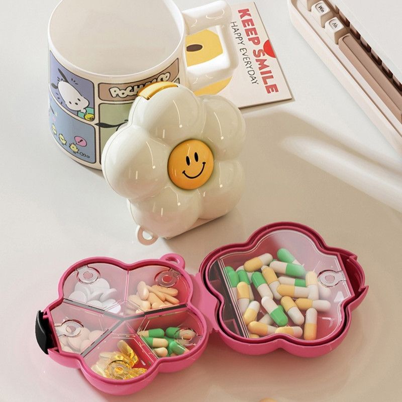 Flower Pill Box, Portable Sealed Medicine Storage Case, Mini Compartment Pill Organizer—Pink