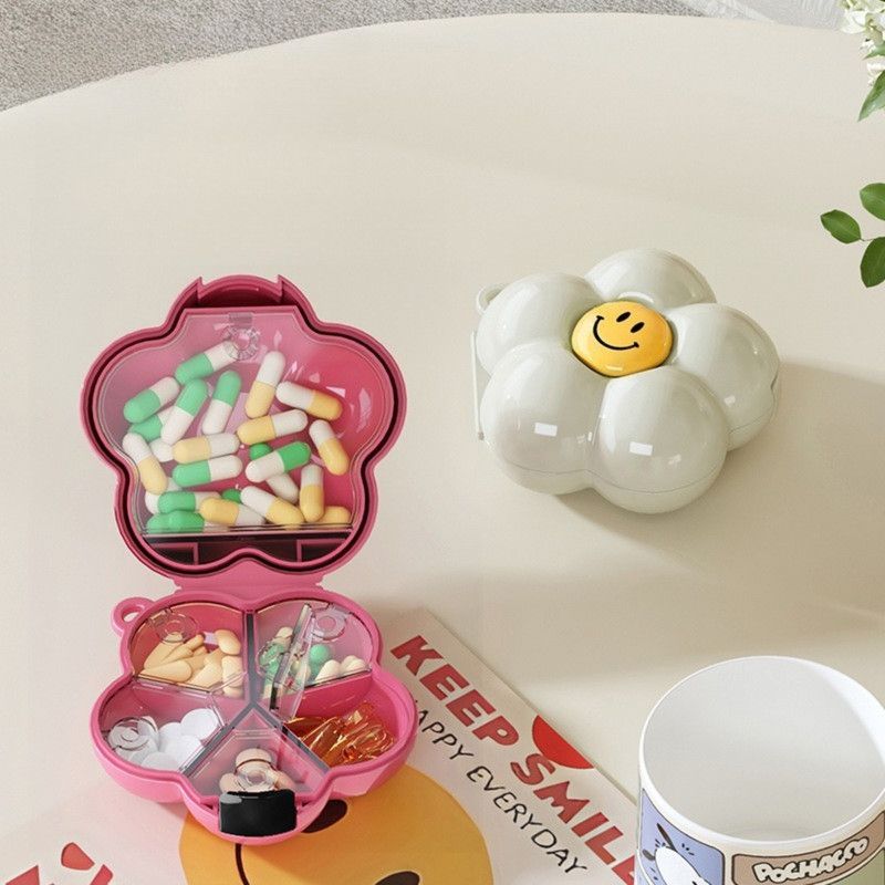 Flower Pill Box, Portable Sealed Medicine Storage Case, Mini Compartment Pill Organizer—Pink