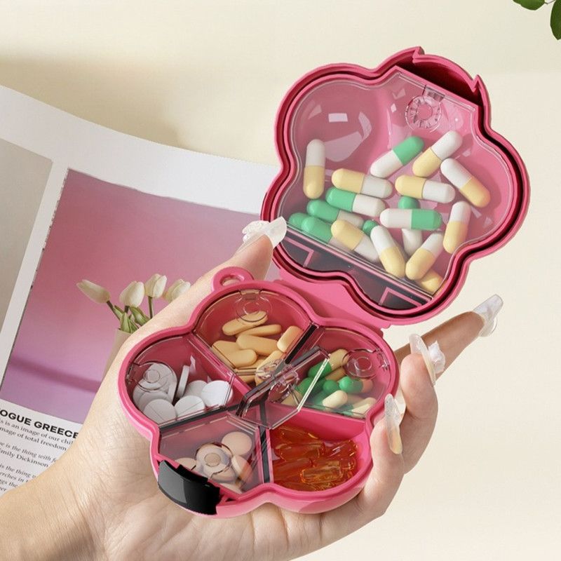 Flower Pill Box, Portable Sealed Medicine Storage Case, Mini Compartment Pill Organizer—Red
