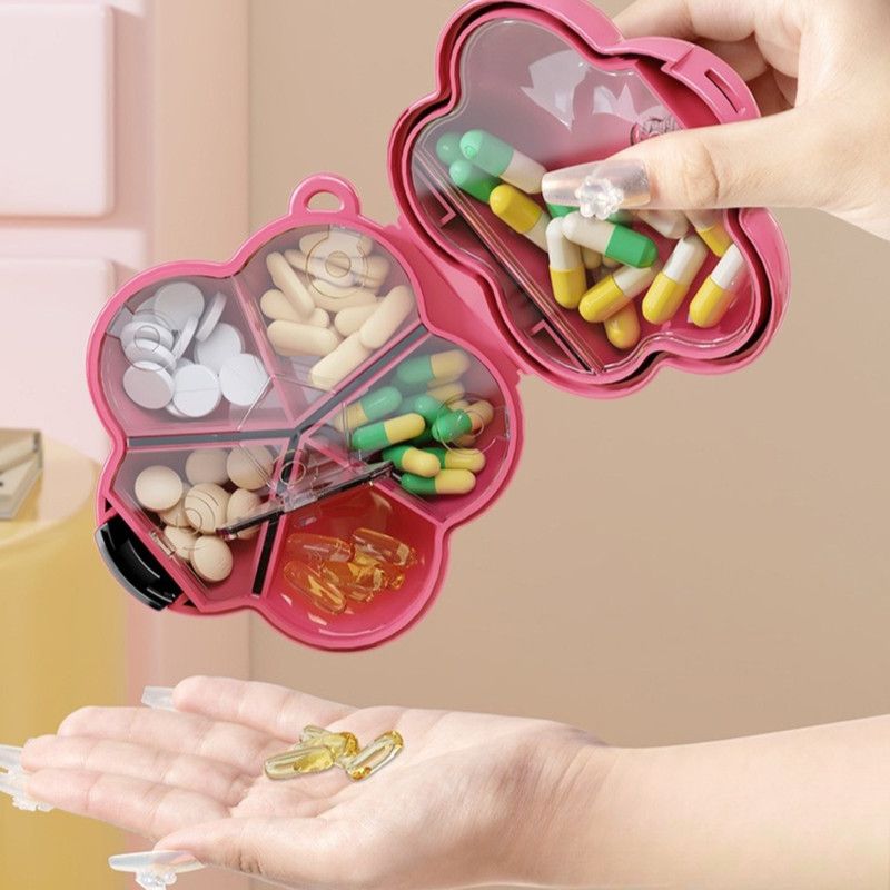 Flower Pill Box, Portable Sealed Medicine Storage Case, Mini Compartment Pill Organizer—Red