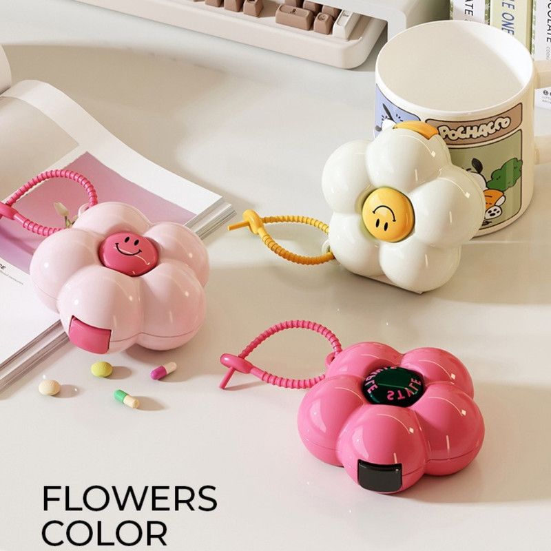 Flower Pill Box, Portable Sealed Medicine Storage Case, Mini Compartment Pill Organizer—White