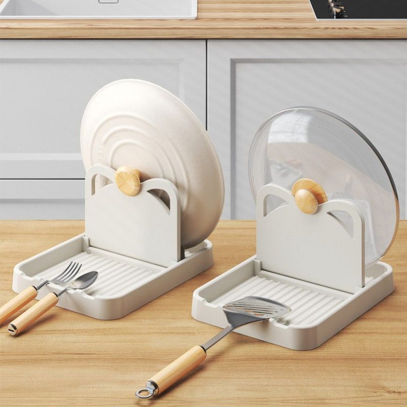 Kitchen Lid Holder, Foldable Countertop & Wall-Mount Spatula Storage Rack—Gray