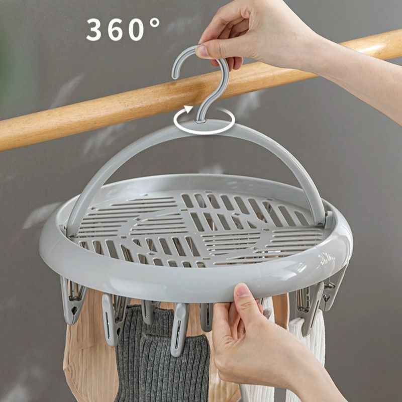 Round Multi-clip Drying Rack, Multi-functional Clothes Hanger for Socks & Underwear—Gray