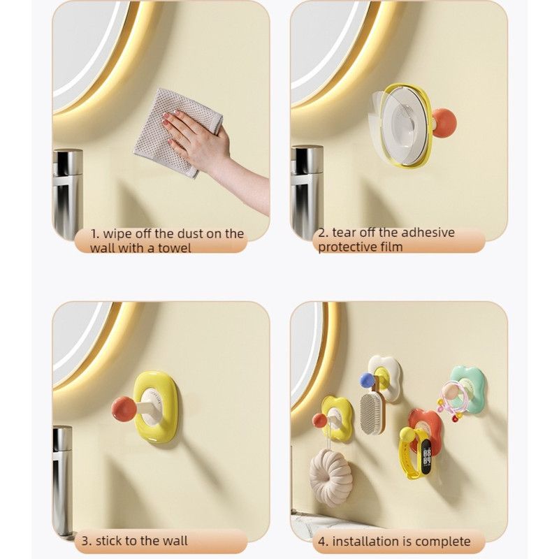 No-Drill Wall Hook, Flower & Round Corner Strong Adhesive Hanger—Pack of 4—Flower Design
