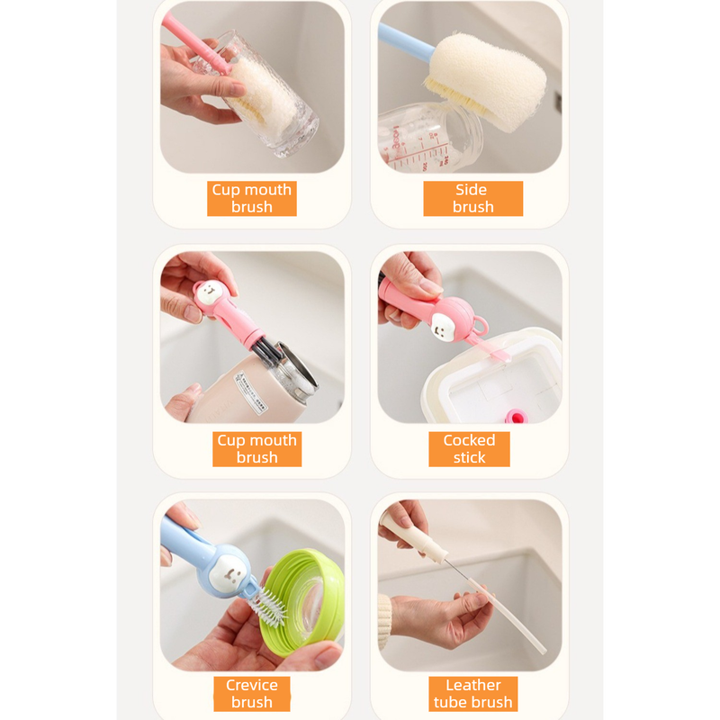 6-in-1 Long Handle Bottle Brush, Multifunctional Cleaner for Water Bottle, Baby Bottle & Straw Cup-Pink