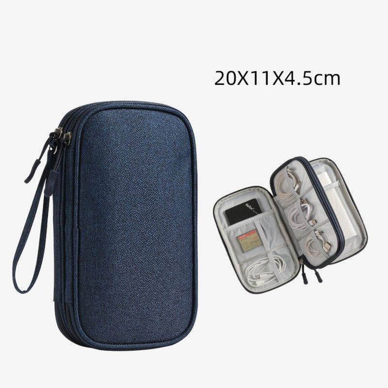 Double-Layer Digital Storage Bag, Portable Case for Data Cables, Power Banks, and Hard Drives—Blue