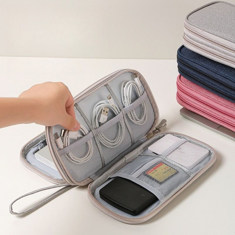 Double-Layer Digital Storage Bag, Portable Case for Data Cables, Power Banks, and Hard Drives—Gray