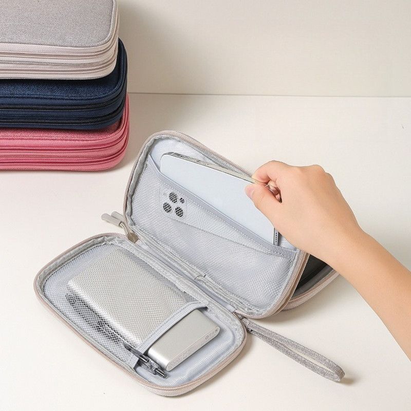 Double-Layer Digital Storage Bag, Portable Case for Data Cables, Power Banks, and Hard Drives—Gray
