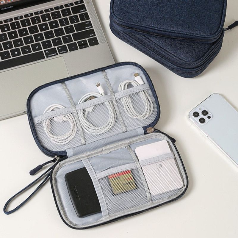 Double-Layer Digital Storage Bag, Portable Case for Data Cables, Power Banks, and Hard Drives—Gray