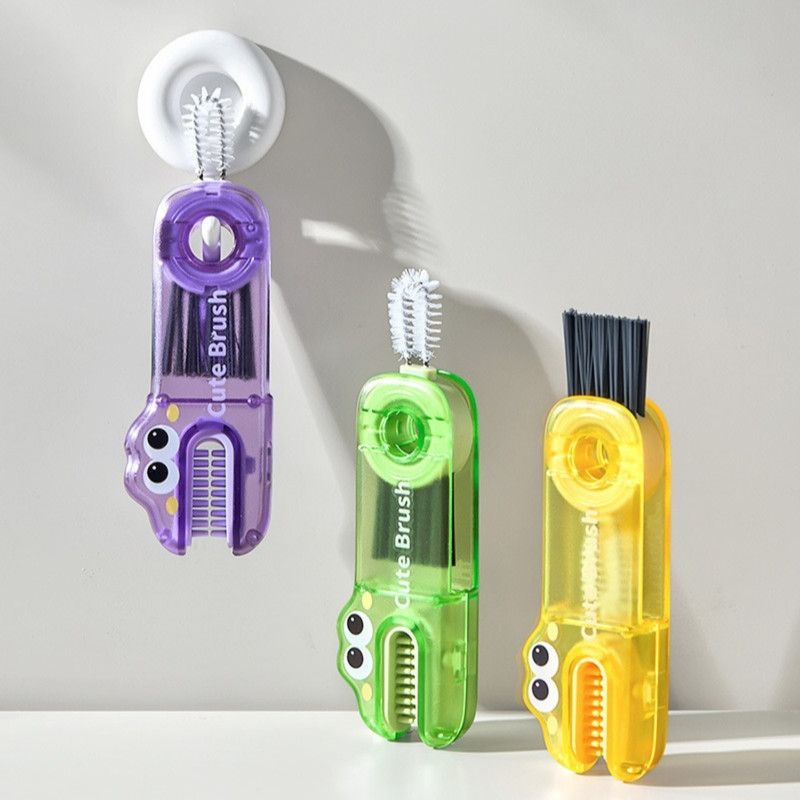 3-in-1 Cup Lid Cleaning Brush, Multifunctional Baby Bottle Crevice Cleaner Brush—Yellow