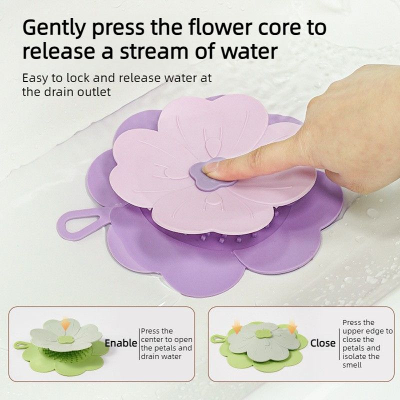 Clover-Shaped Floor Drain Odor-Proof Mat, Bathroom Drain Filter Cover—Purple