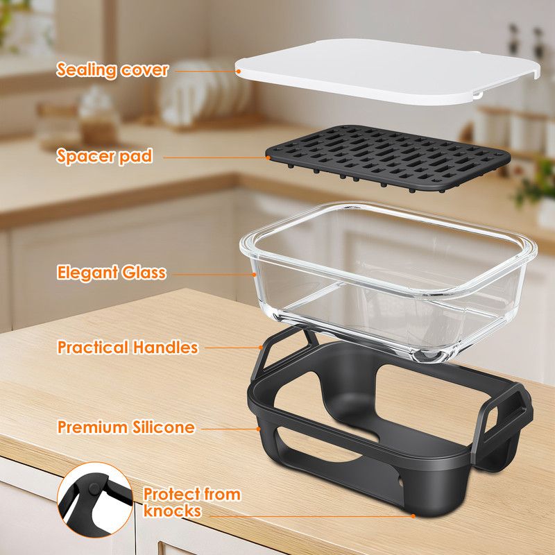 Air Fryer Glass Baking Tray Insert with Drain Rack & Support Frame, Heat Resistant Food Safe Cooking Container-Black