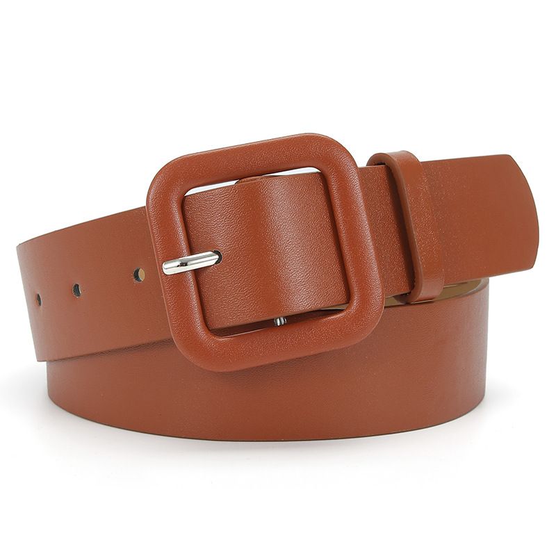 Women’s Square Buckle Leather Belt, Solid Color Simple Waist Belt for Dresses Jeans Trousers-camel