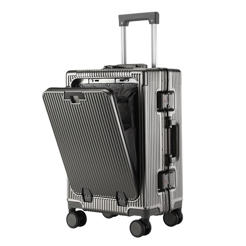 20 Inch Front Opening Carry On Luggage, Aluminium Frame Hard Shell Suitcase with Spinner Wheels, TSA Lock Cabin Travel Case-Dark Gray