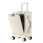 20 Inch Front Opening Carry On Luggage, Aluminium Frame Hard Shell Suitcase with Spinner Wheels, TSA Lock Cabin Travel Case-White