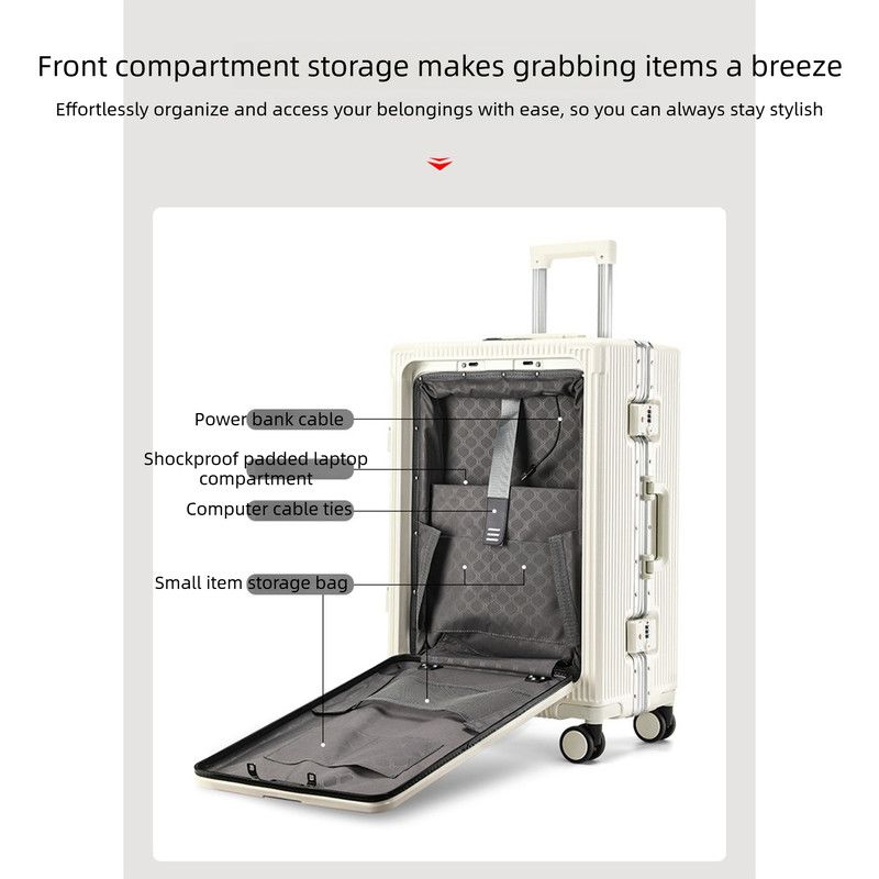 20 Inch Front Opening Carry On Luggage, Aluminium Frame Hard Shell Suitcase with Spinner Wheels, TSA Lock Cabin Travel Case-White