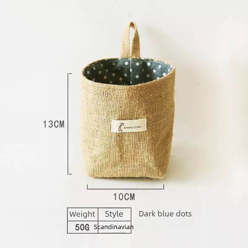 Cotton Linen Wall Hanging Storage Bag-Dark Blue Polka Dots