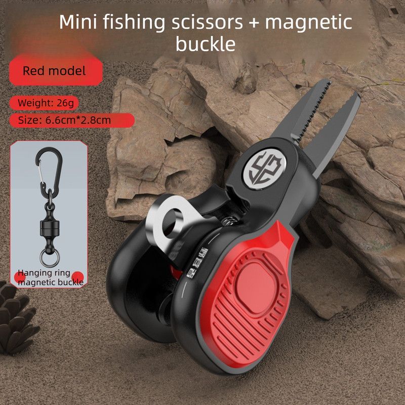 Fishing Scissors - Labor-Saving Serrated Style + Strong Magnetic Buckle-red