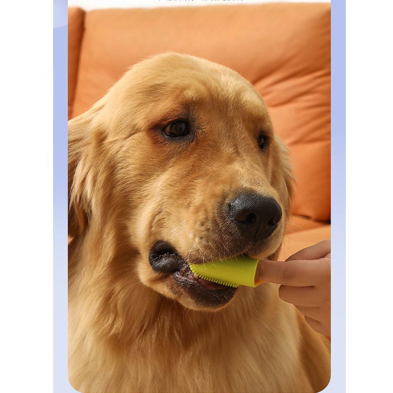 Pet Finger Toothbrush, Soft Silicone Dog and Cat Oral Cleaning Tool with Handle - Yellow
