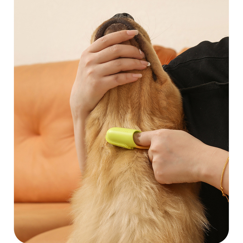 Pet Finger Toothbrush, Soft Silicone Dog and Cat Oral Cleaning Tool with Handle - Yellow