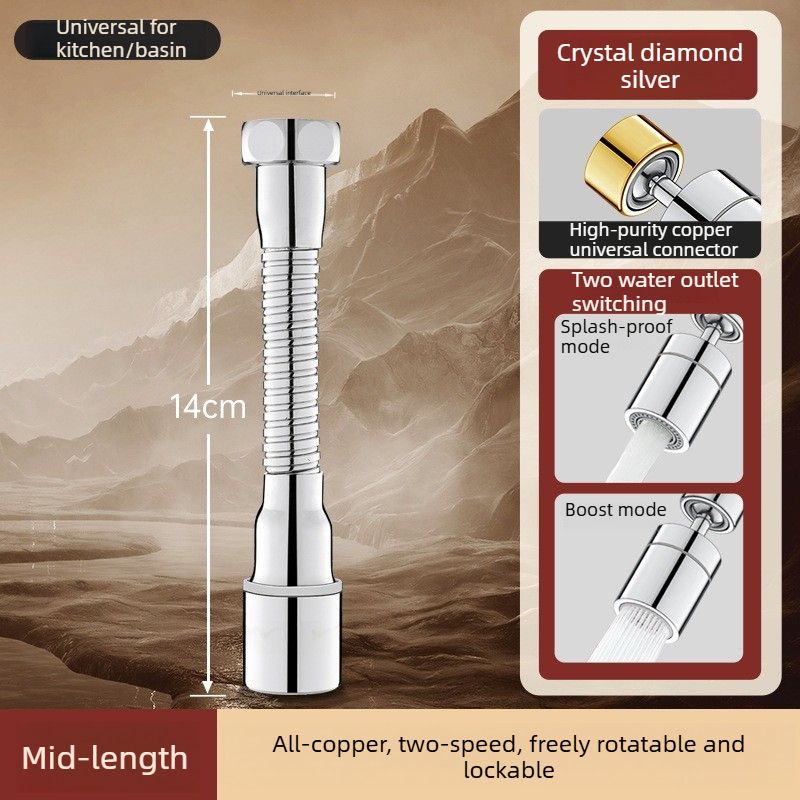 Rotatable Kitchen Faucet Extender - 2-Speed - Silver - Medium-Long Style