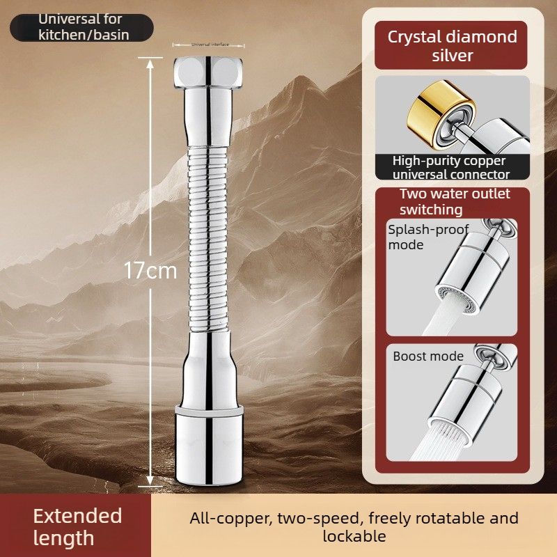 Rotatable Kitchen Faucet Extender - 2-Speed - Silver - Long Style