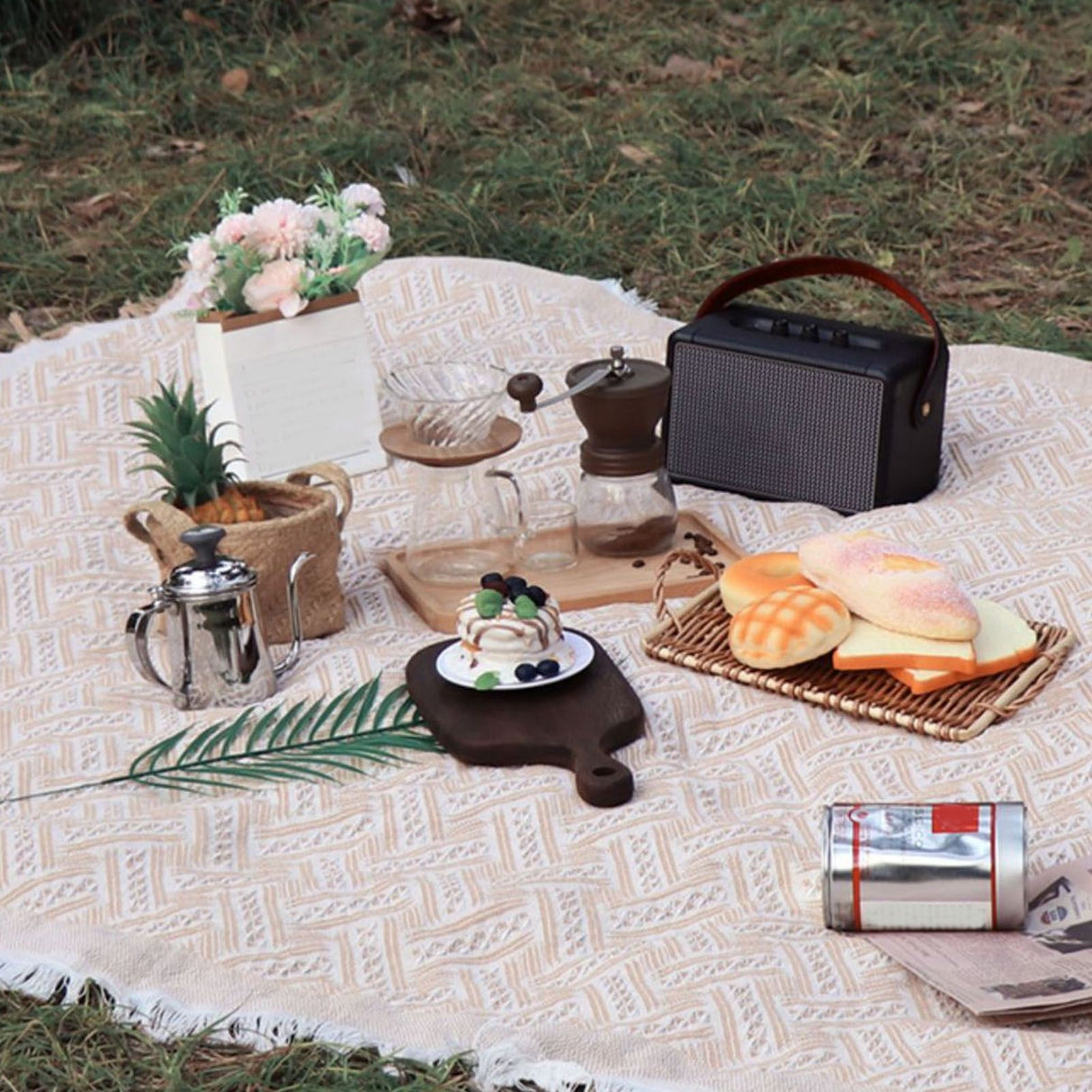 Outdoor Picnic Blanket with Fringe Cotton Soft Comfortable Simple Style for Camping Beach 180x130